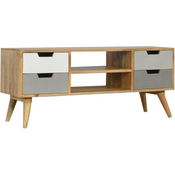 Mango Hill Media Unit with 4 Grey Hand-Painted Drawers and 2 Open Slots