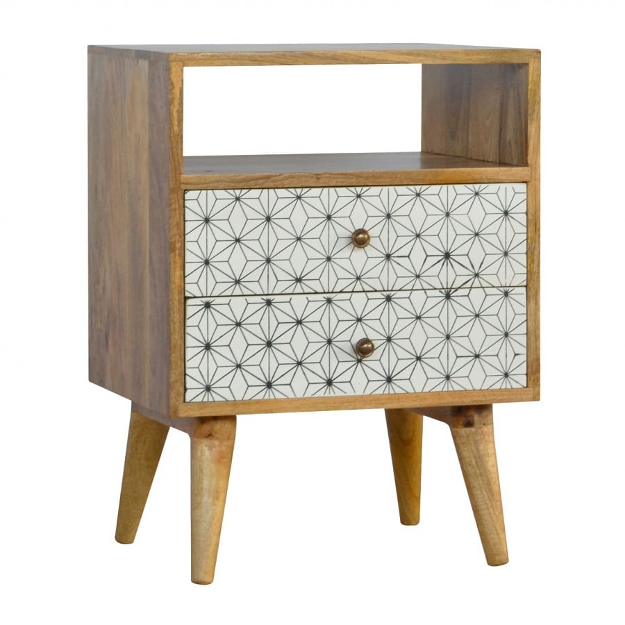 Mango Hill 2 Drawer Geometric Screen-Printed Bedside with Open Slot