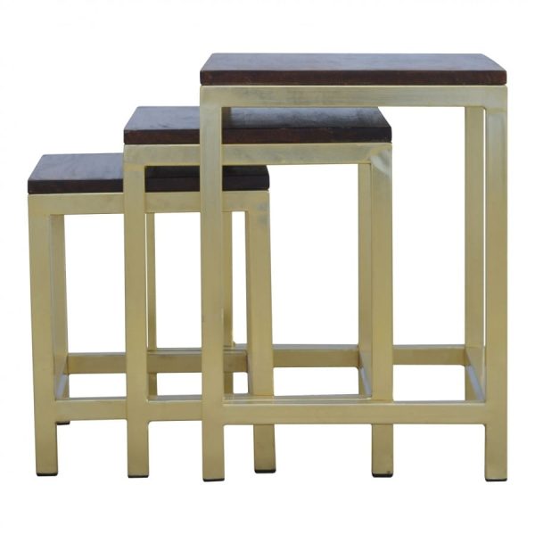 Mango Hill Golden Stool Set of 3 With Chunky Wooden Top