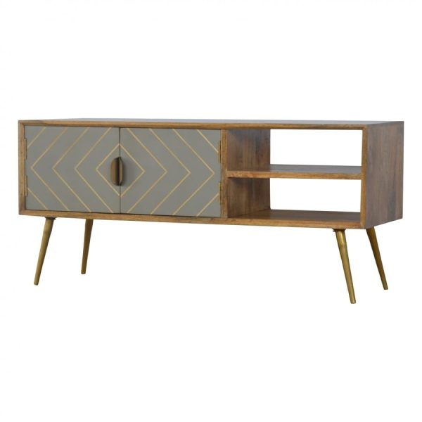 Mango Hill Open Nordic Style Media Unit with 2 Cement Brass Inlay Doors