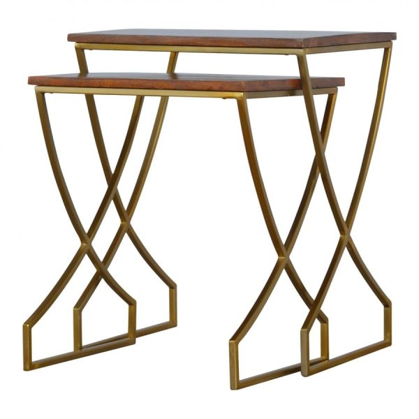 Mango Hill Set of 2 Nesting Tables With Gold Base and Wooden Tops