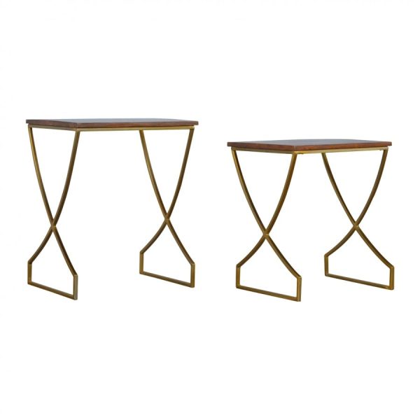 Mango Hill Set of 2 Nesting Tables With Gold Base and Wooden Tops