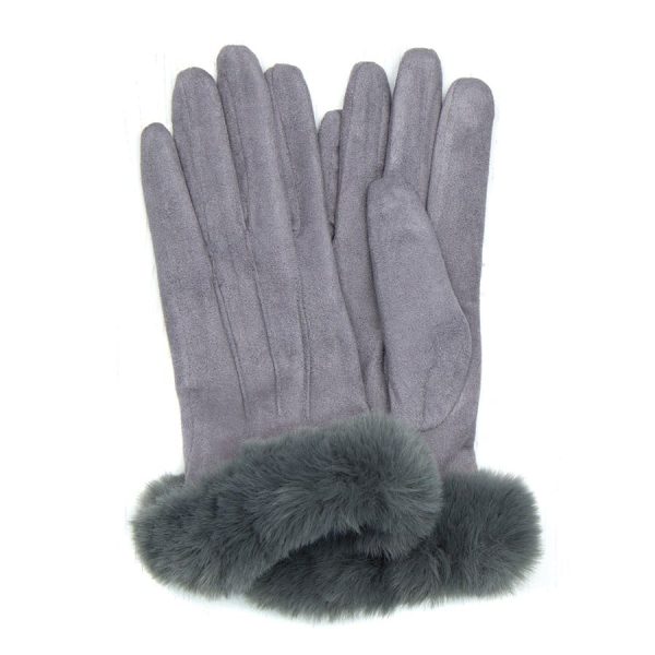 Grey Gloves with Faux Fur Trim