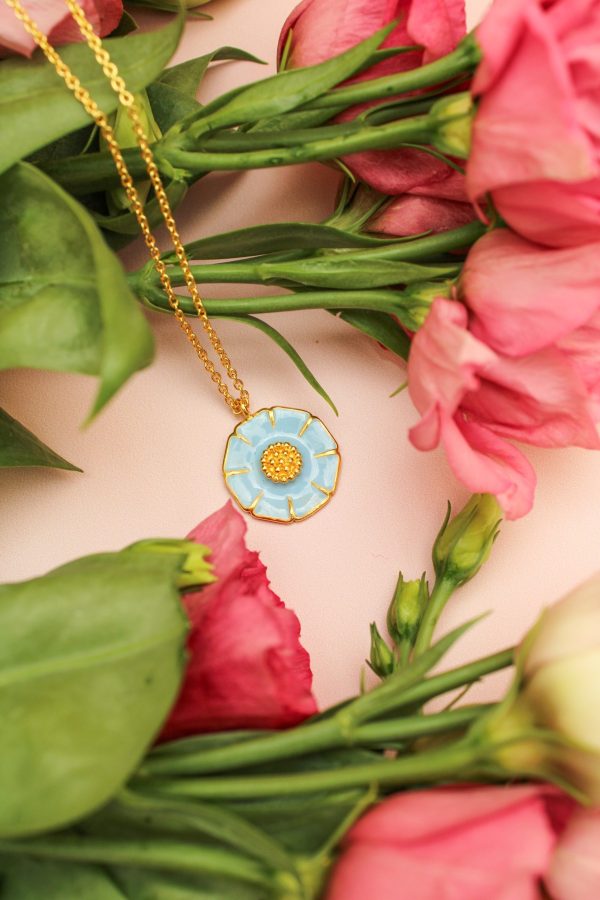 Powder Blue Daisy Enamel Gold Pendant Necklace