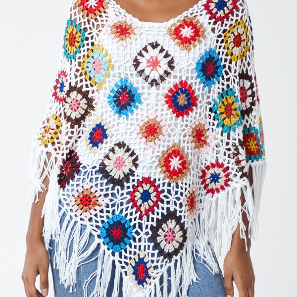 Multicolour Flower Crochet Tassel Poncho