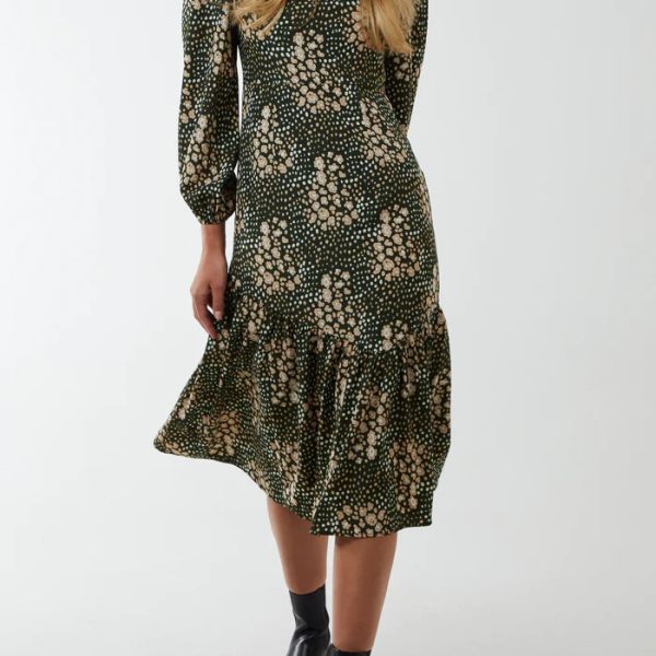 Green Floral High Neck Tie Back Midi Dress