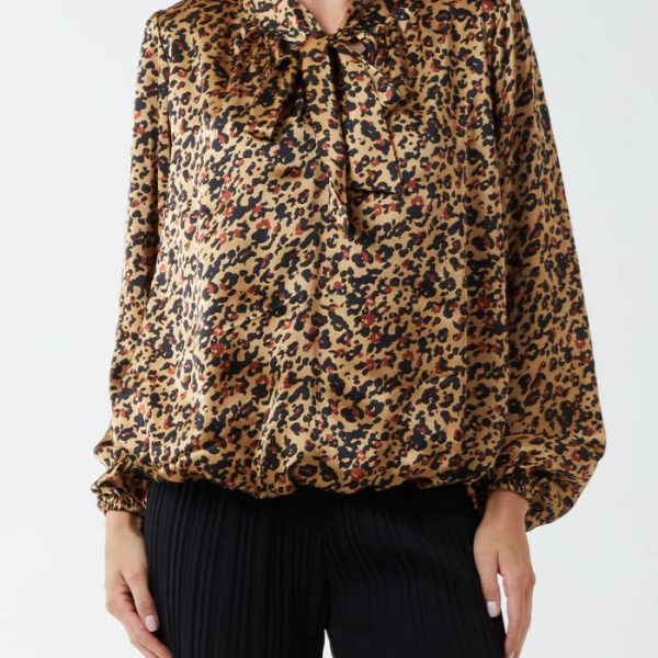 Leopard Print Pussy Bow Blouson Top