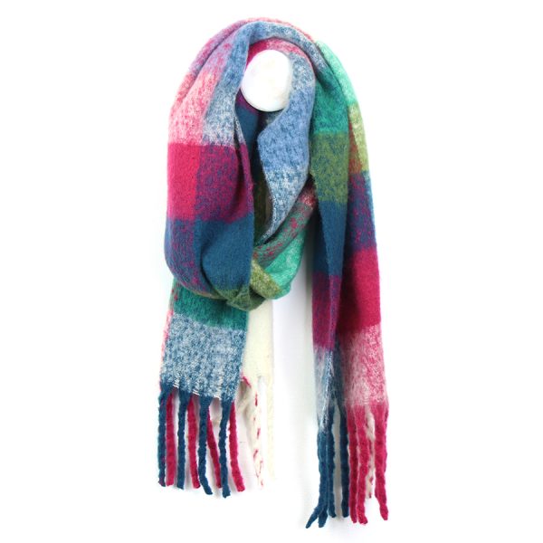 Teal & Raspberry Fluffy Checked Scarf